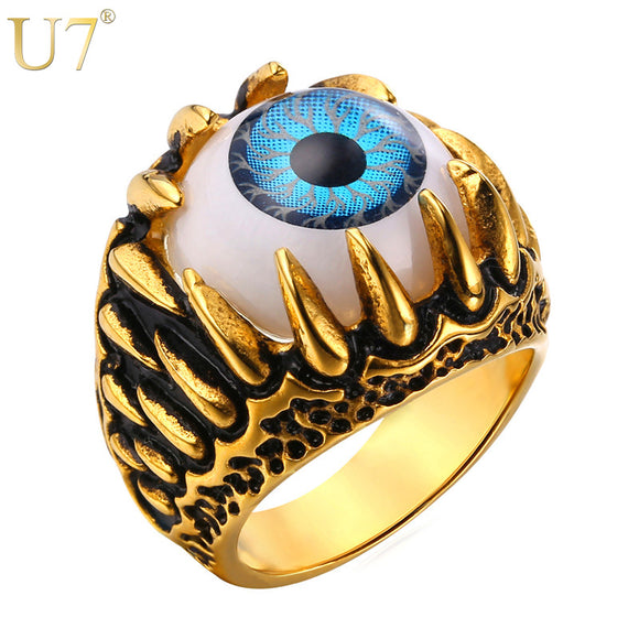 U7 Biker Ring Blue Amulet Gold Color Stainless Steel Turkish Eye Rock Punk Men Jewelry Gift Illuminati Rings Trendy R348